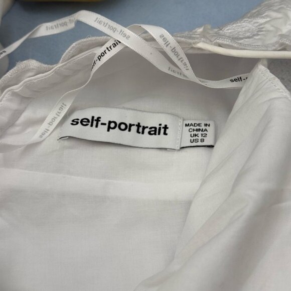 🆕 SELF-PORTRAIT 🧿 NWOT White Scallop Edge Off-Shoulder Mini Dress Sz UK12 US 8 - Picture 12 of 13